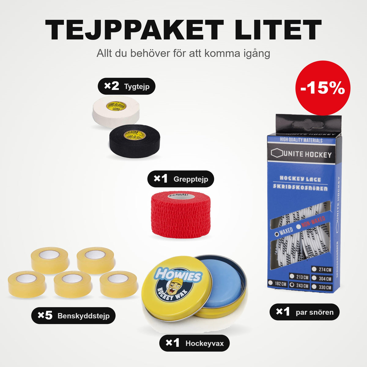 Tape pack Small: 5 Shin tape, 2 cloth tapes, 1 grip tape, 1 pair of skate laces, and hockey wax